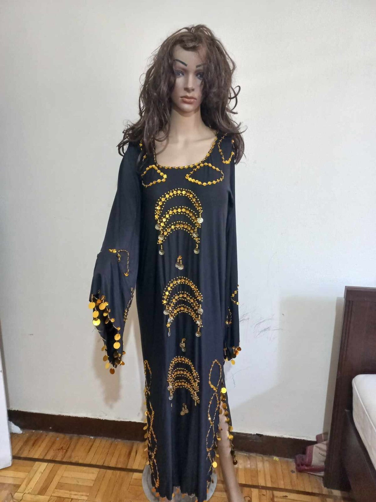 Traditional Egyptian Belly Dance Costume Black Embroidered Coins جلابية رقص صعيد10