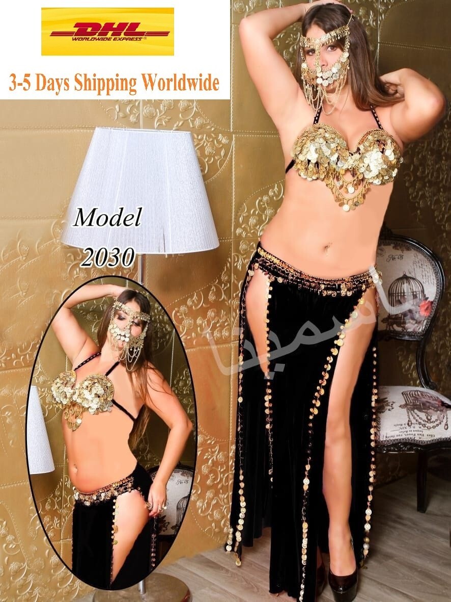 Egyptian Professional Belly Dance Costume& Coins Face Veil Black Dance Dress0