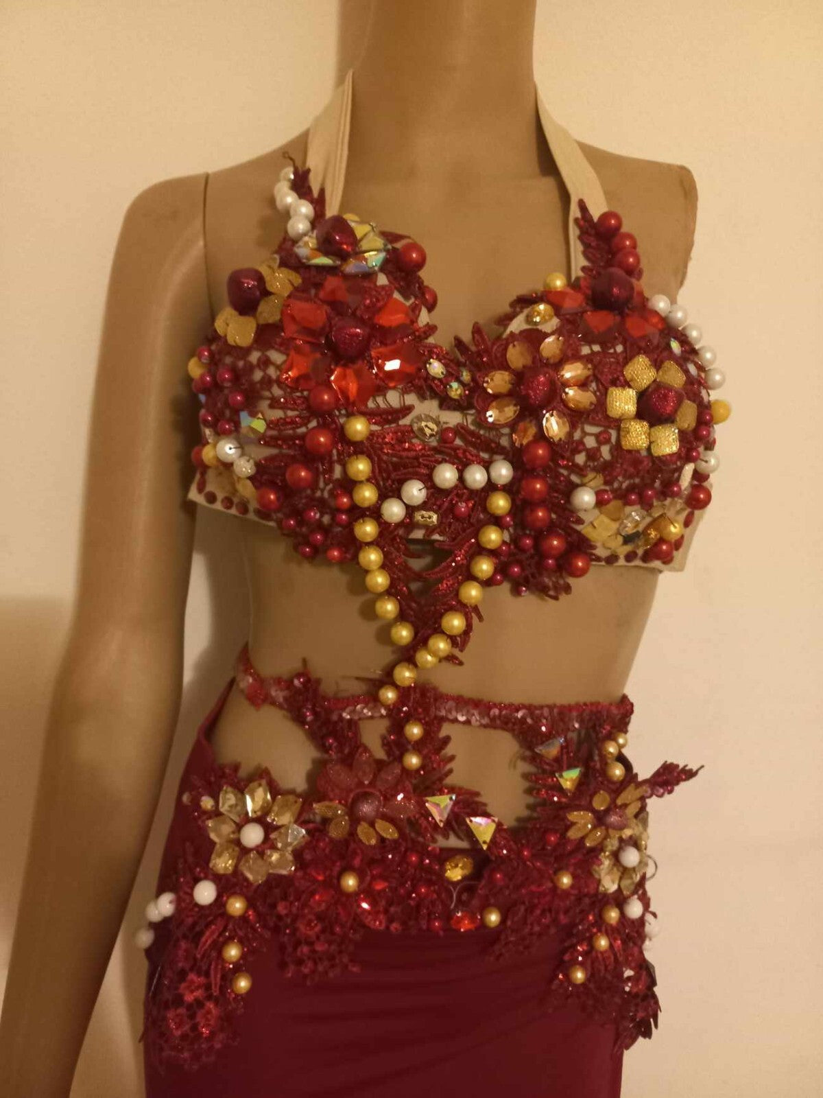 Embroidered Belly Dance Costume Dark Red Beaded Bra& Waist Belt &Tight Skirt5