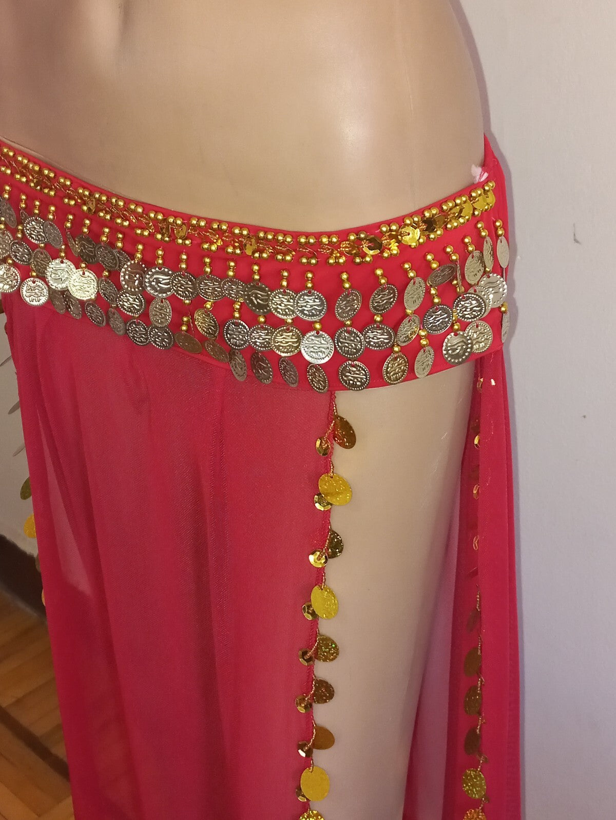 Egyptian Professional Belly Dance Costume& Coins Face Veil Red Sexy Dancing Set12