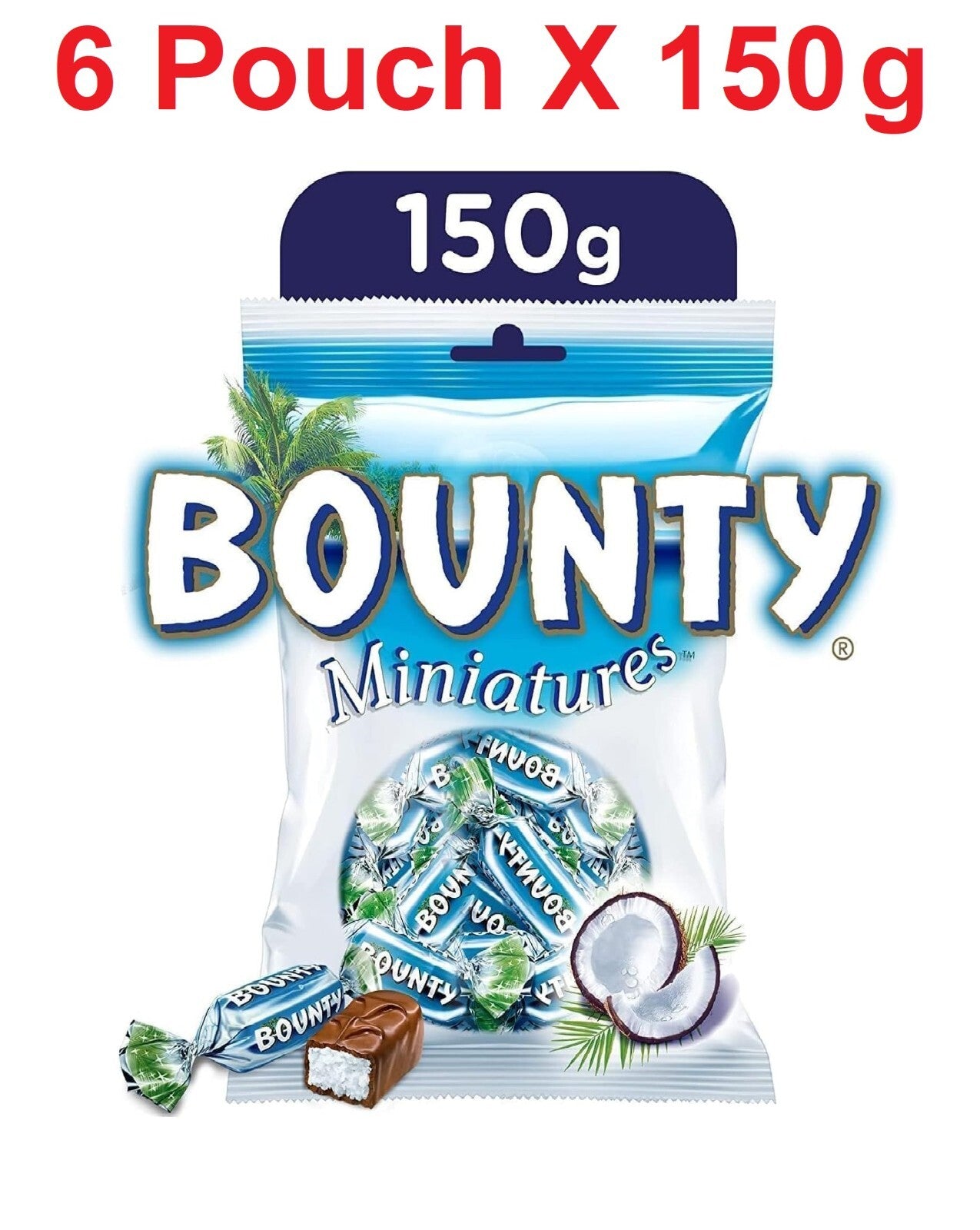 6 X Bounty Miniatures Coconut Milk Chocolate Pouch 150 g Sweet Snack Fast Ship0