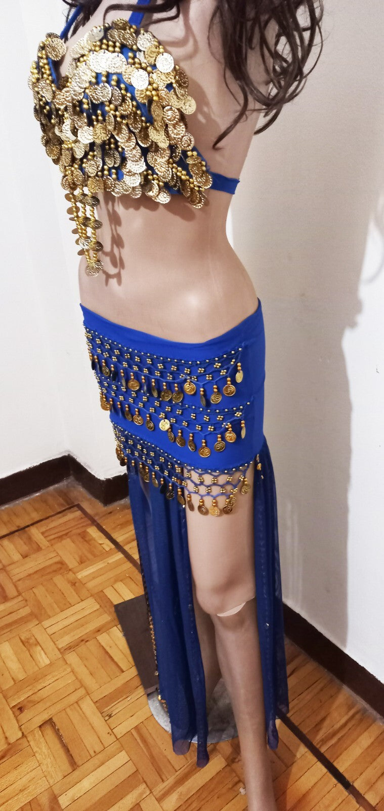 Egyptian Belly Dance Dress Long  Skirt With Embroidered Coins Bra Gold & Blue4