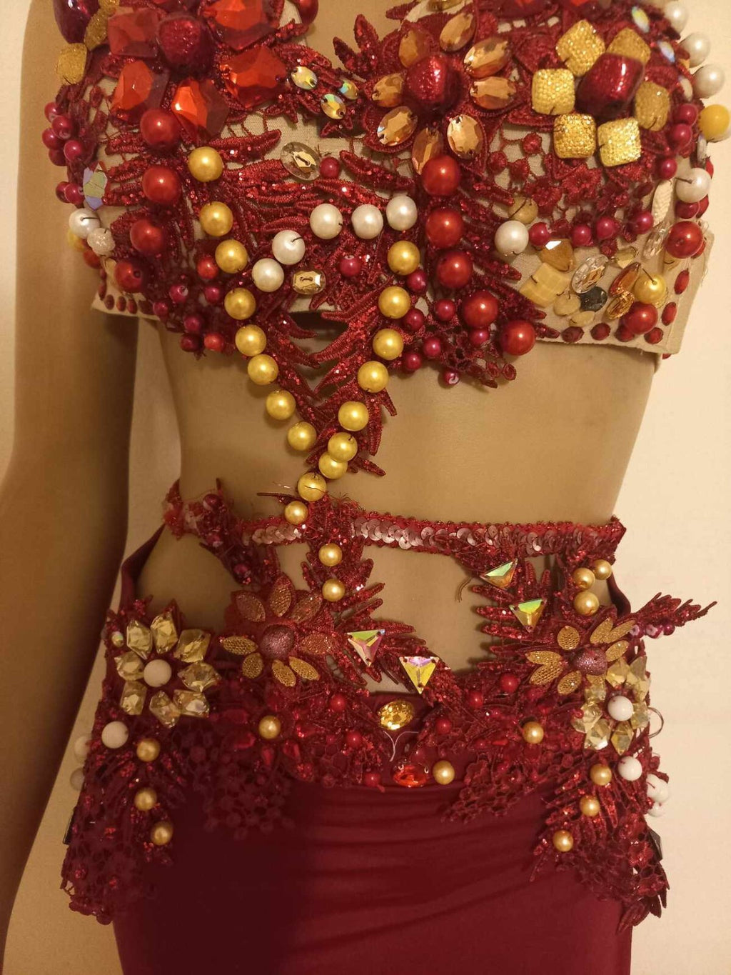 Embroidered Belly Dance Costume Dark Red Beaded Bra& Waist Belt &Tight Skirt2