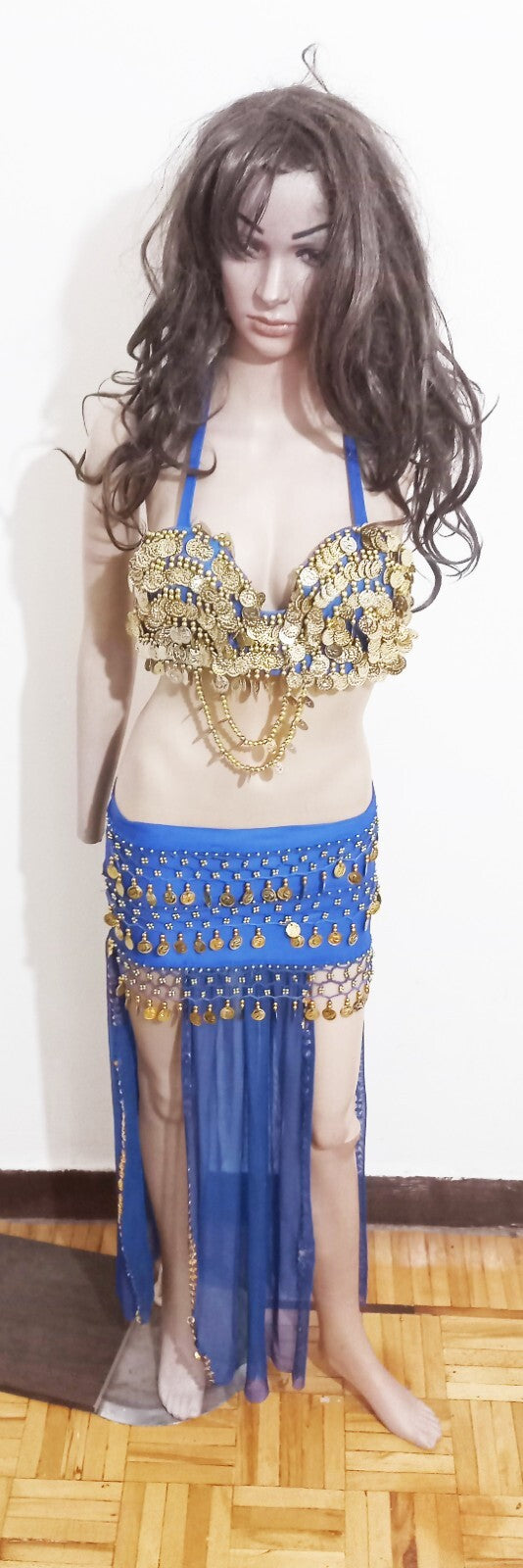 Egyptian Belly Dance Dress Long  Skirt With Embroidered Coins Bra Gold & Blue5