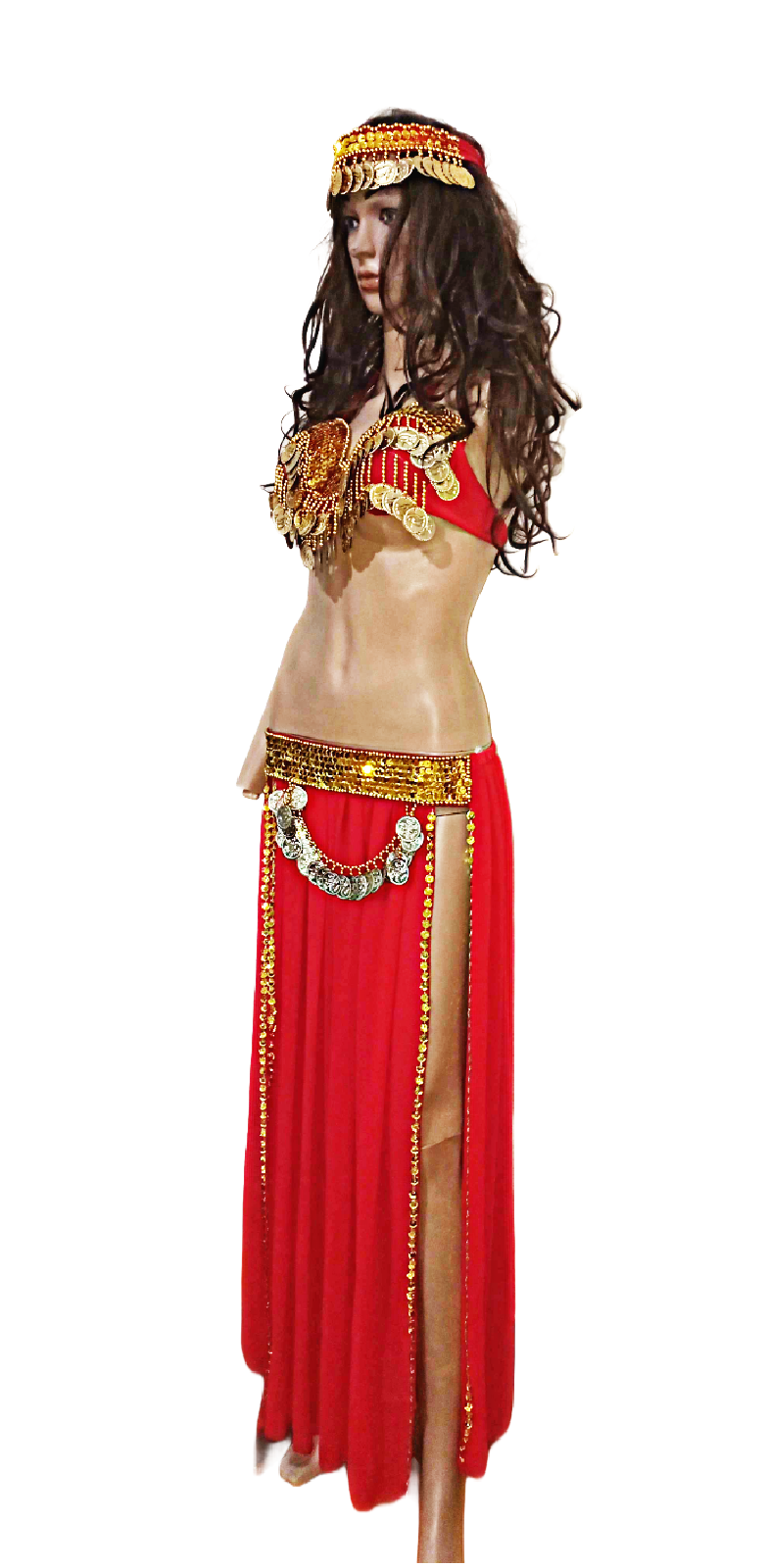 Egyptian Belly Dancing Performance Costume Two Piece Embroidered Coins Bra Red3
