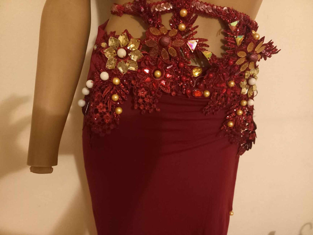 Embroidered Belly Dance Costume Dark Red Beaded Bra& Waist Belt &Tight Skirt10