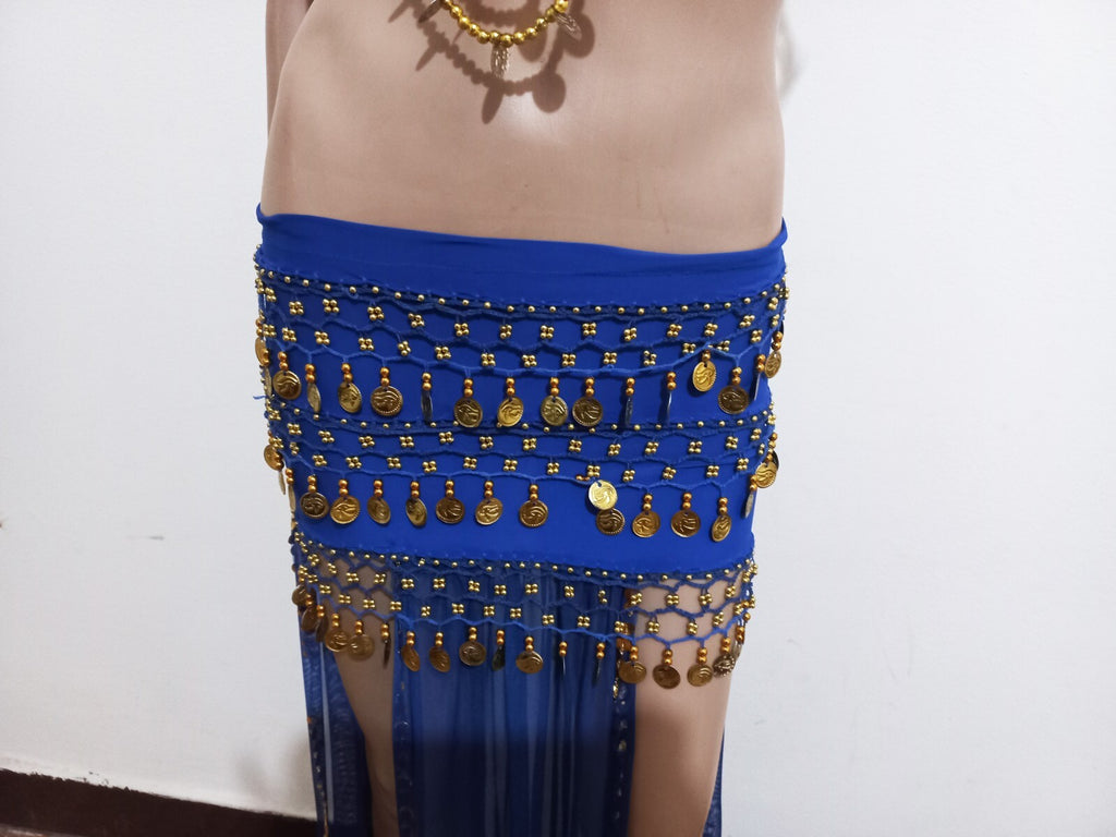 Egyptian Belly Dance Dress Long  Skirt With Embroidered Coins Bra Gold & Blue6