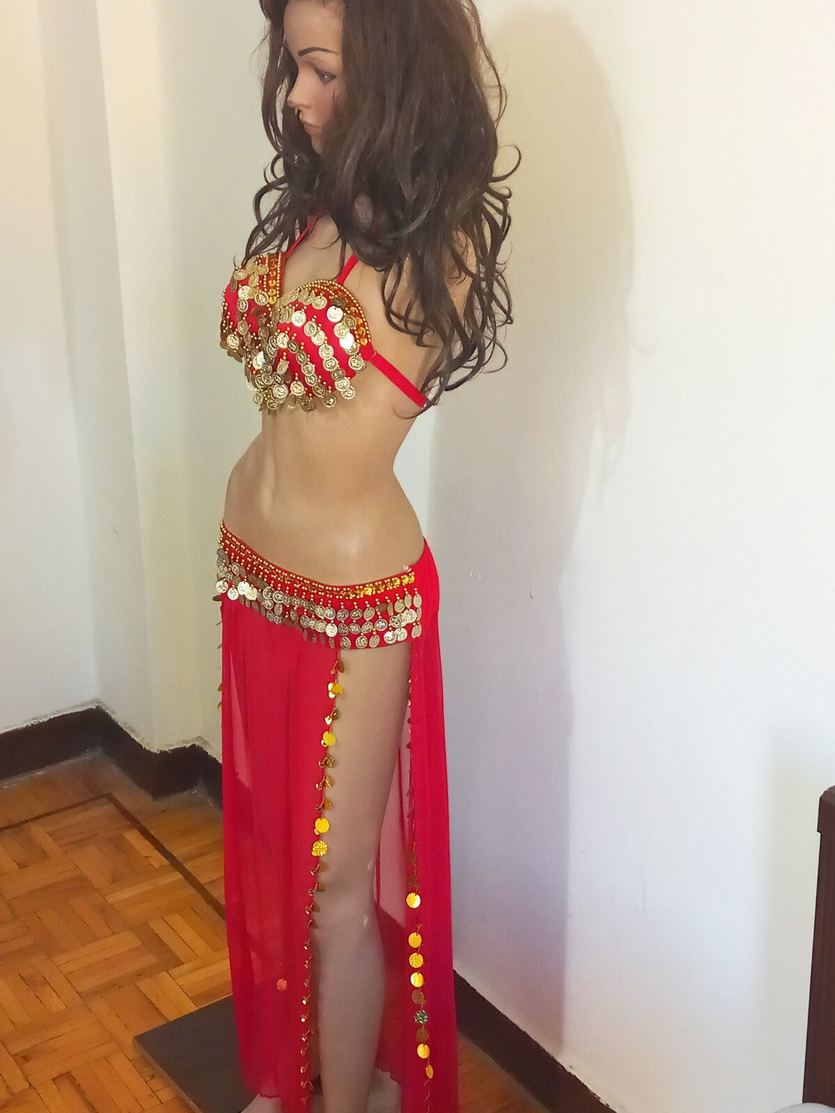 Egyptian Professional Belly Dance Costume& Coins Face Veil Red Sexy Dancing Set14