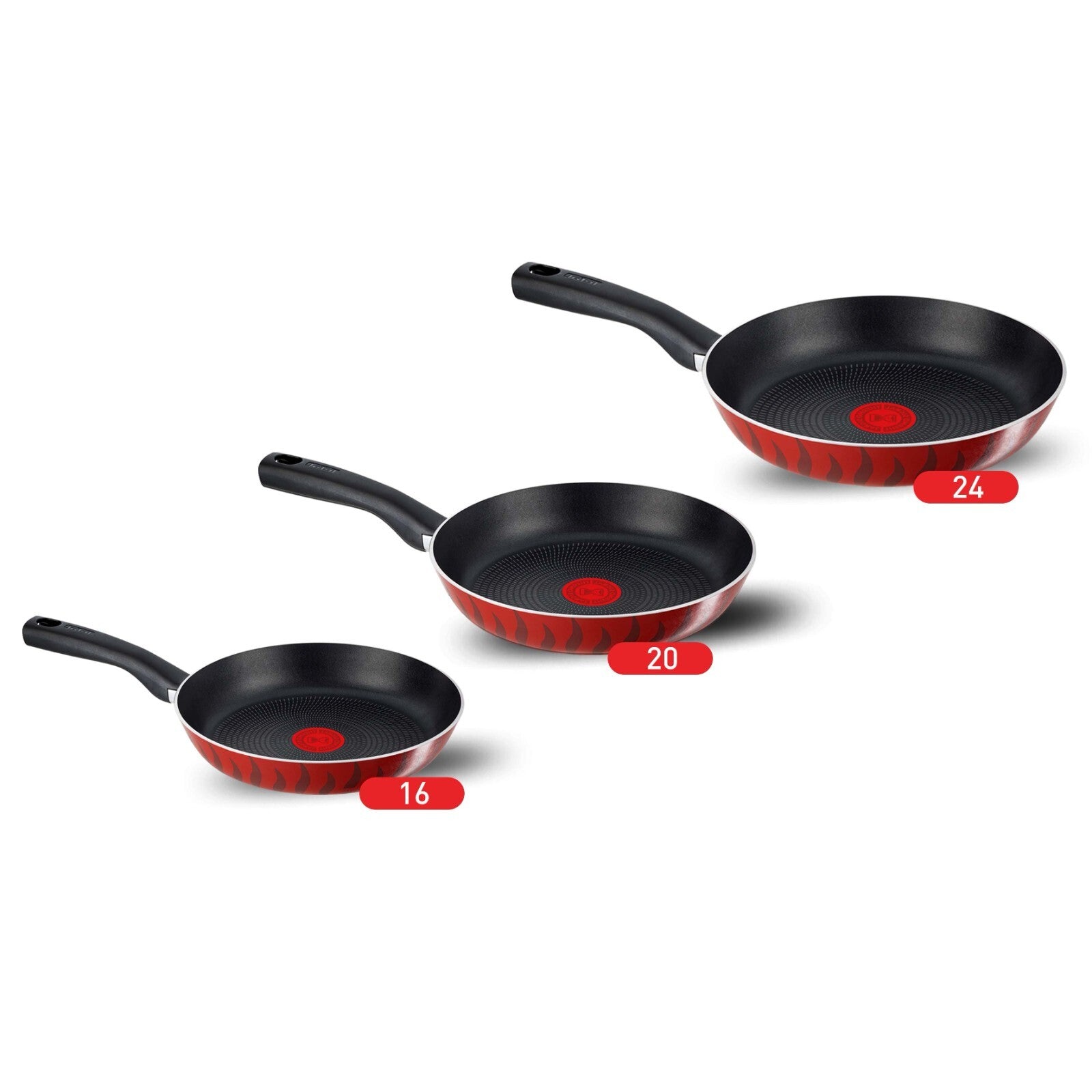 3 Tefal Tempo Flame Frypan Set, Size 16,20,24 Red Non Stick Pan Coated In France0