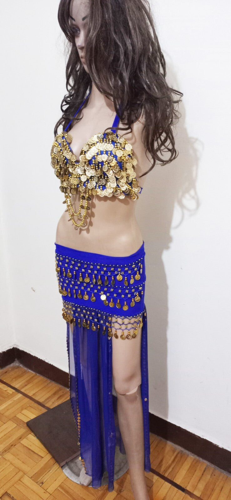 Egyptian Belly Dance Dress Long  Skirt With Embroidered Coins Bra Gold & Blue9