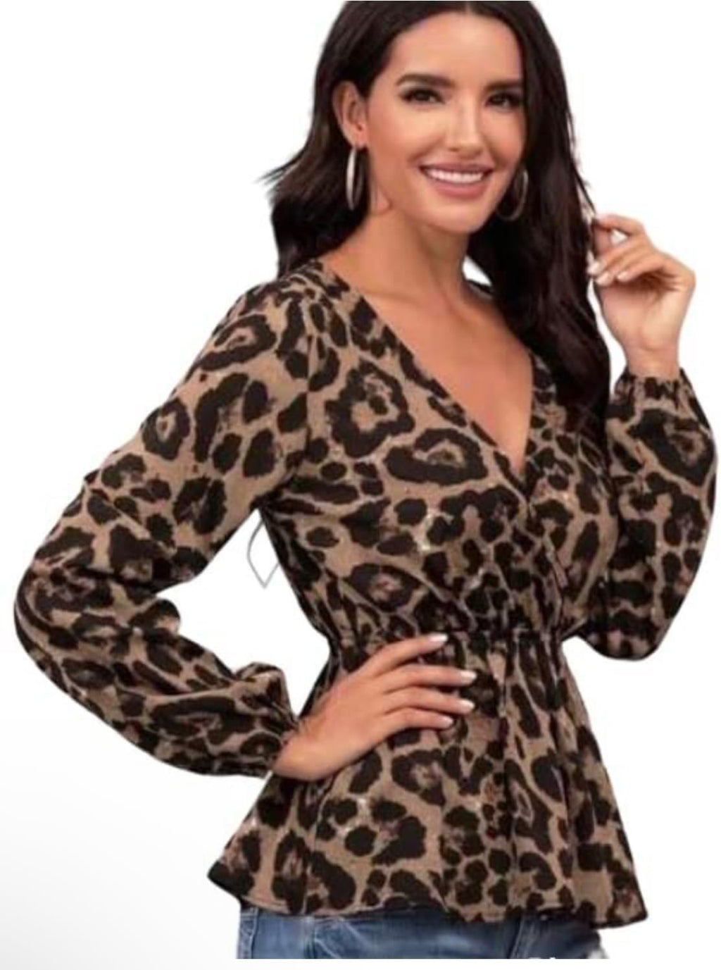 Women's Leopard Print V-Neck Blouse, Long Sleeve Peplum Top, Brown and Black size M