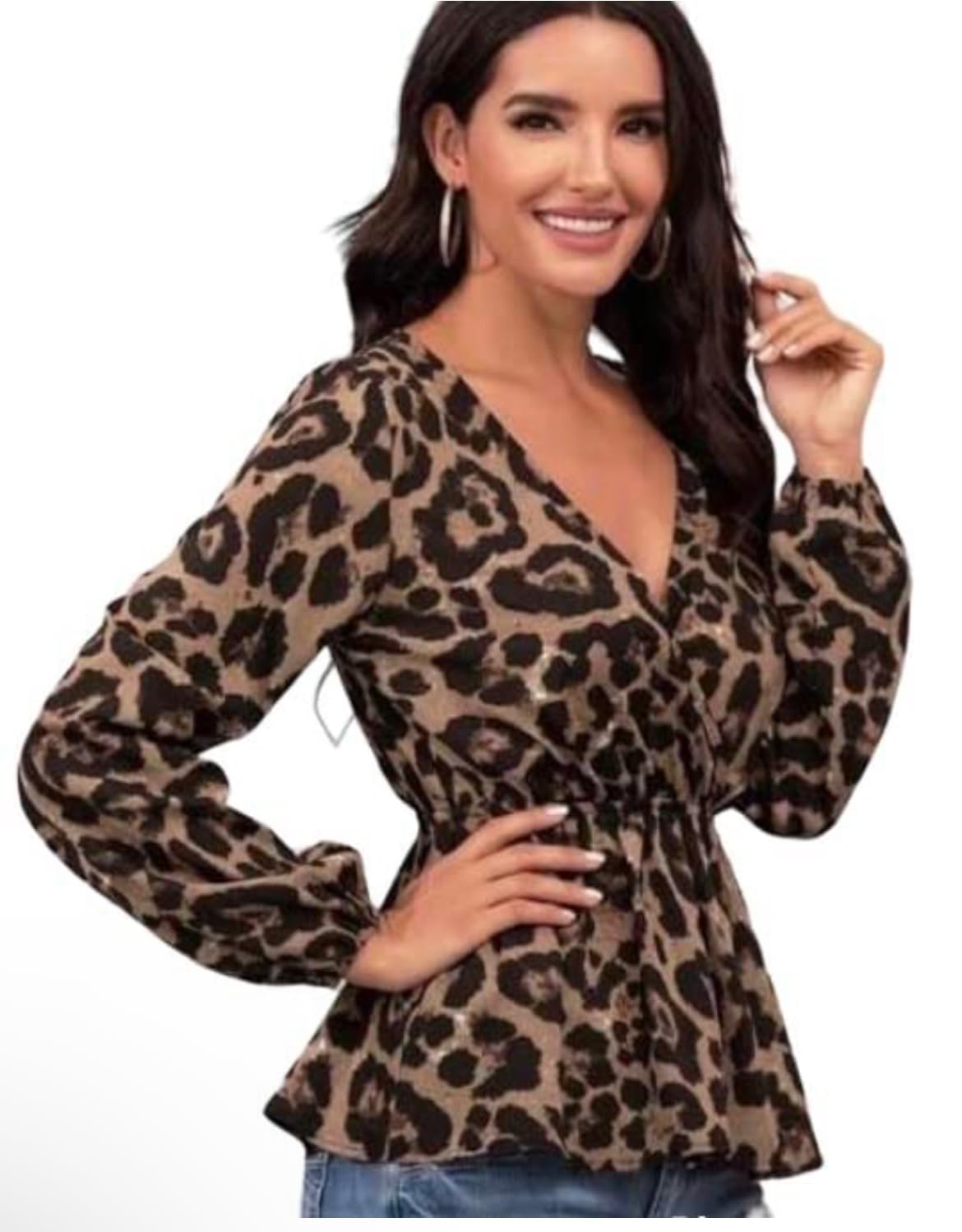 Women's Leopard Print V-Neck Blouse, Long Sleeve Peplum Top, Brown and Black size M