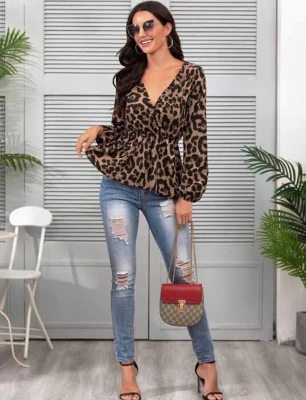 Women's Leopard Print V-Neck Blouse, Long Sleeve Peplum Top, Brown and Black size M