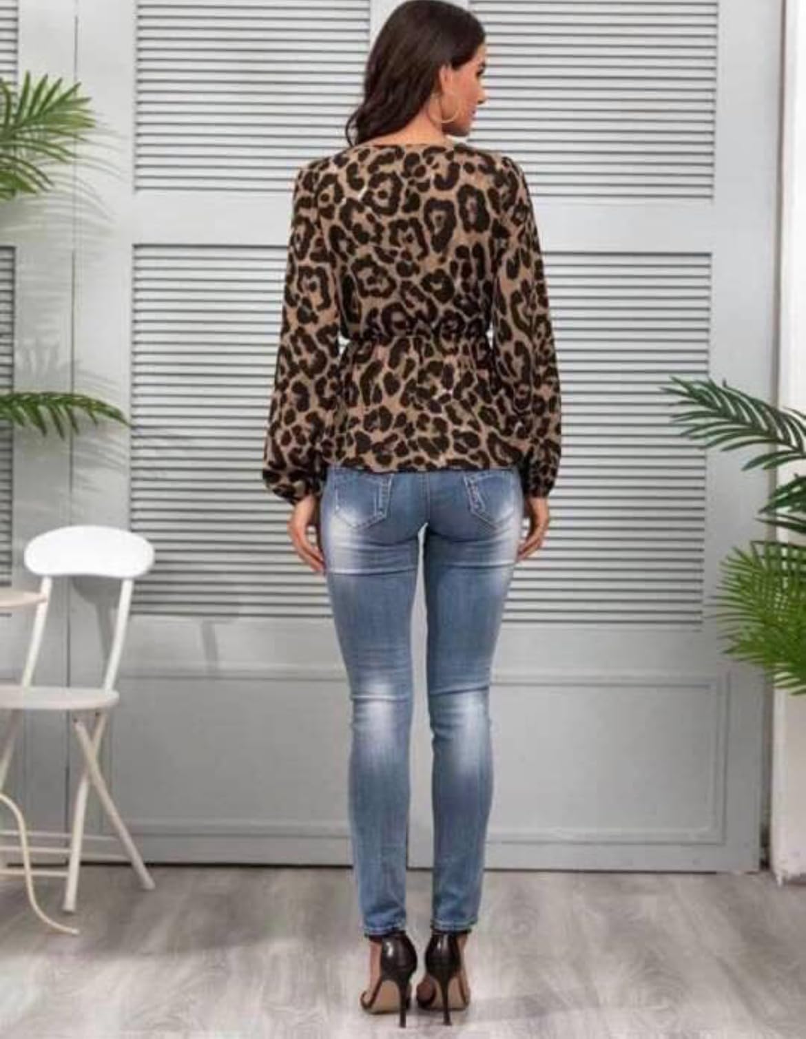 Women's Leopard Print V-Neck Blouse, Long Sleeve Peplum Top, Brown and Black size M