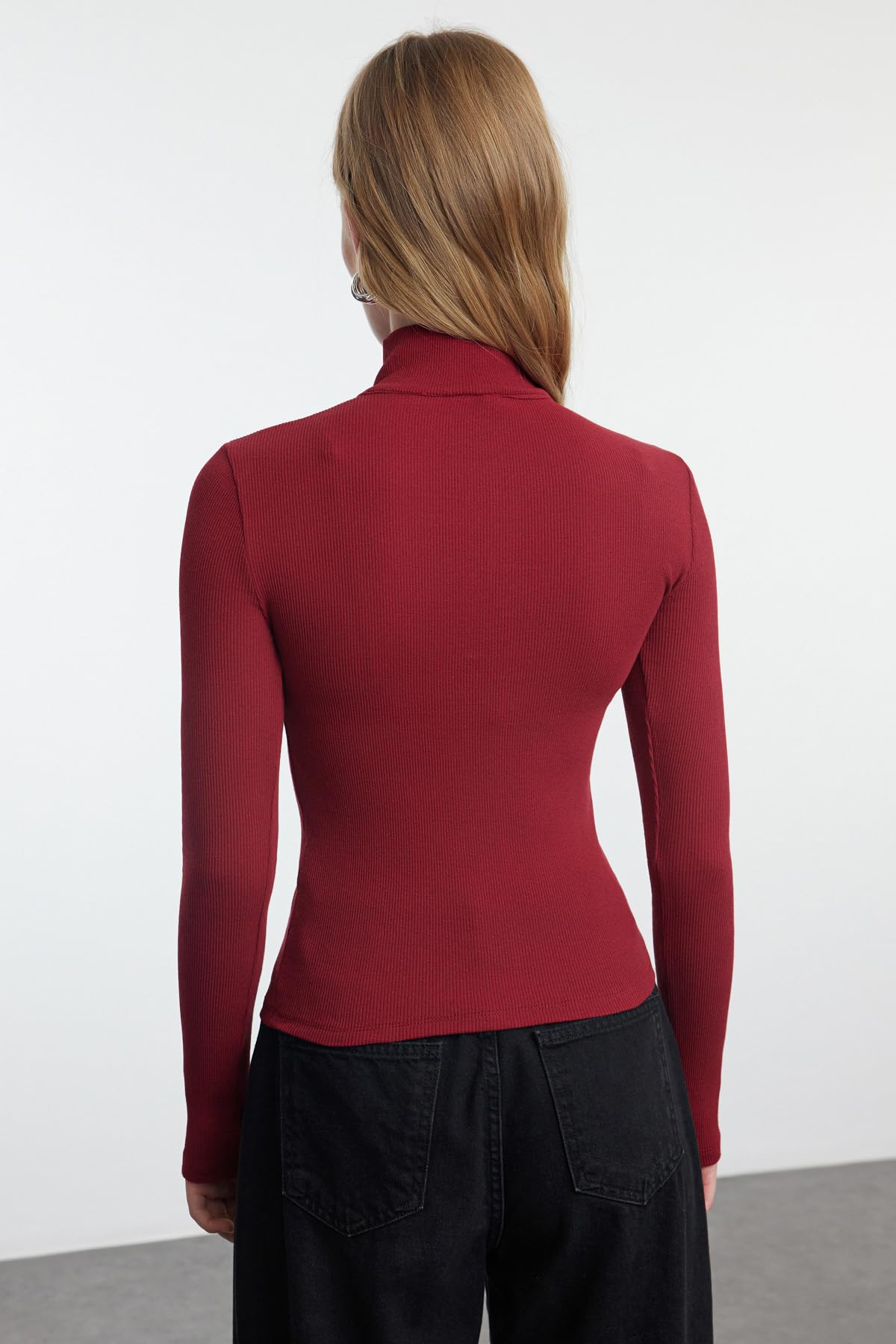 Trendyol Woman Claret Red Fitted Zipper Collar Stretchy Knitted Blouse TWOAW25BZ00163,burgundy M