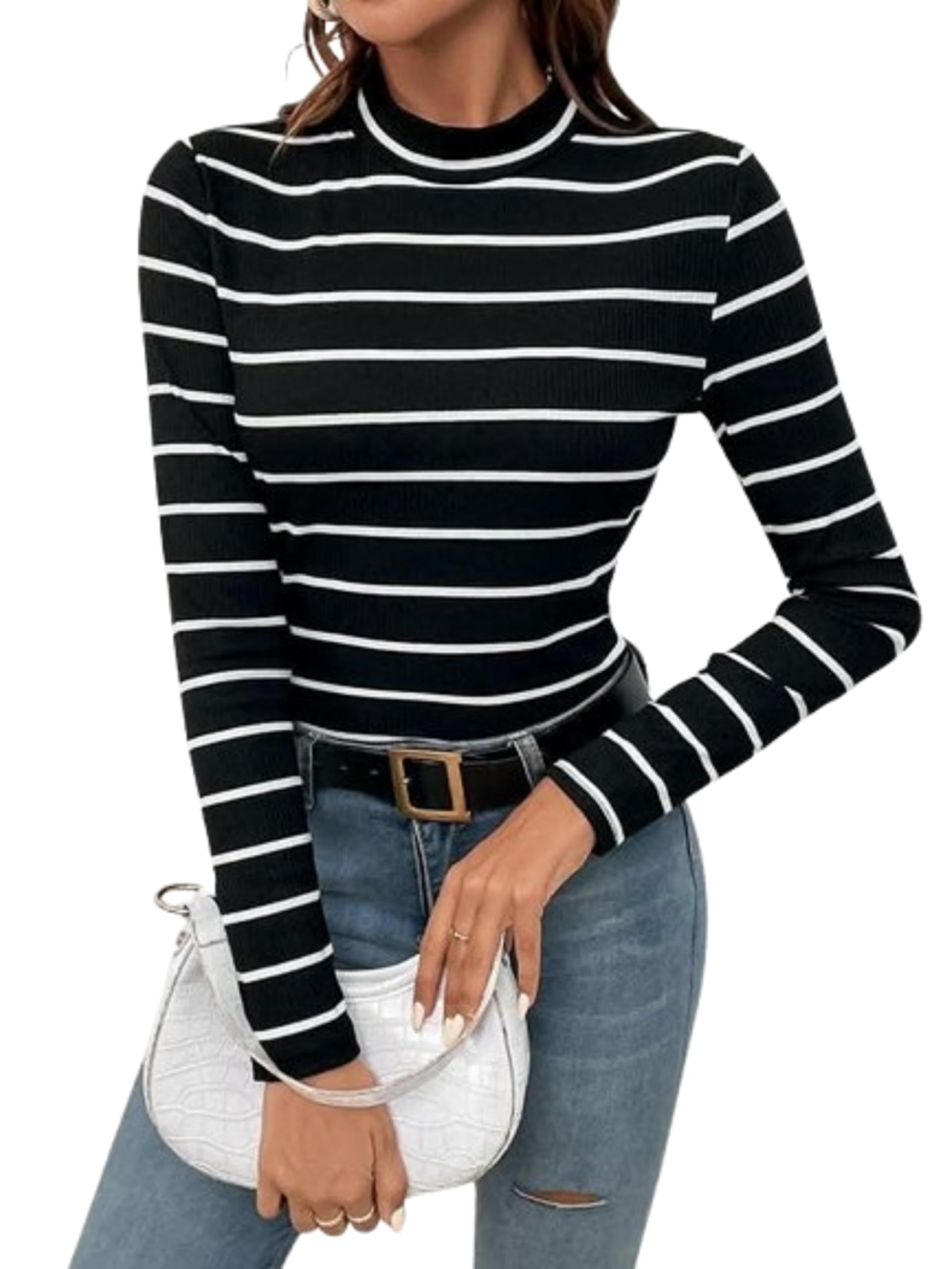 MIZAYEH Women's Striped Long Sleeve Blouse - Elastic Fabric, Fashion Design and Multiple Colors, Perfect for Casual and Business