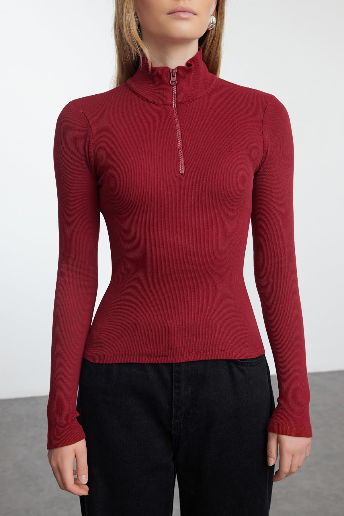 Trendyol Woman Claret Red Fitted Zipper Collar Stretchy Knitted Blouse TWOAW25BZ00163,burgundy M