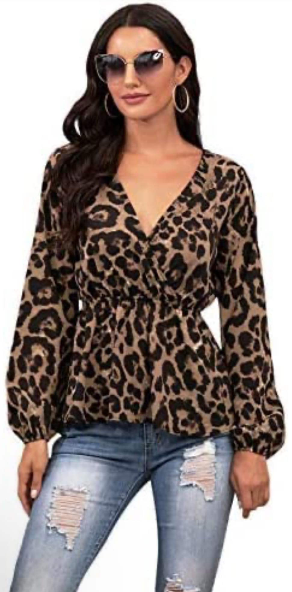 Women's Leopard Print V-Neck Blouse, Long Sleeve Peplum Top, Brown and Black size M