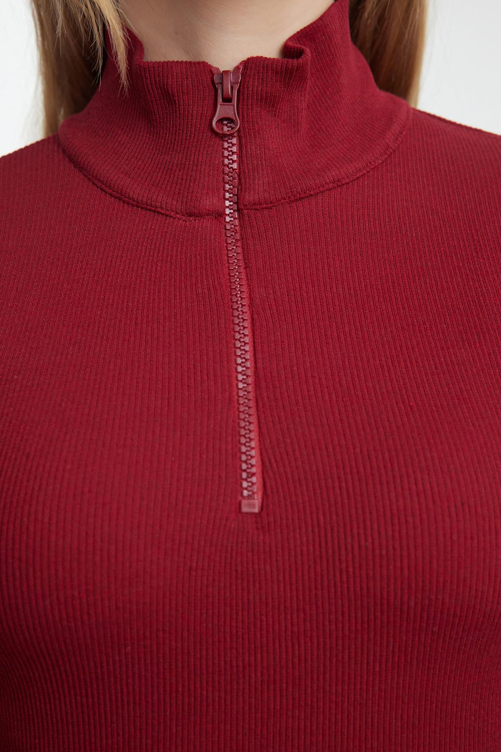 Trendyol Woman Claret Red Fitted Zipper Collar Stretchy Knitted Blouse TWOAW25BZ00163,burgundy M
