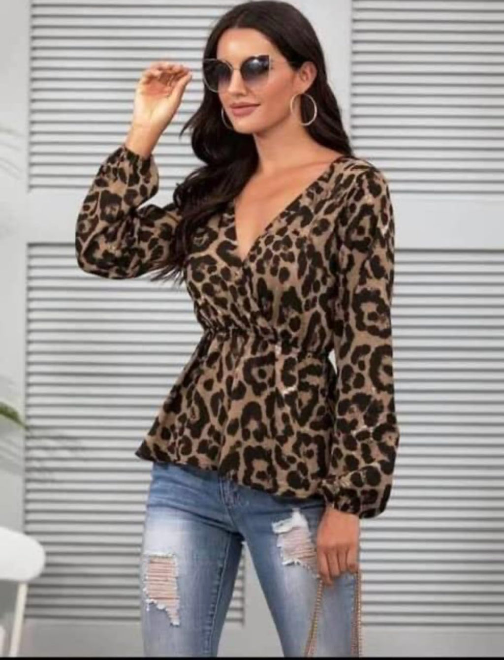 Women's Leopard Print V-Neck Blouse, Long Sleeve Peplum Top, Brown and Black size M