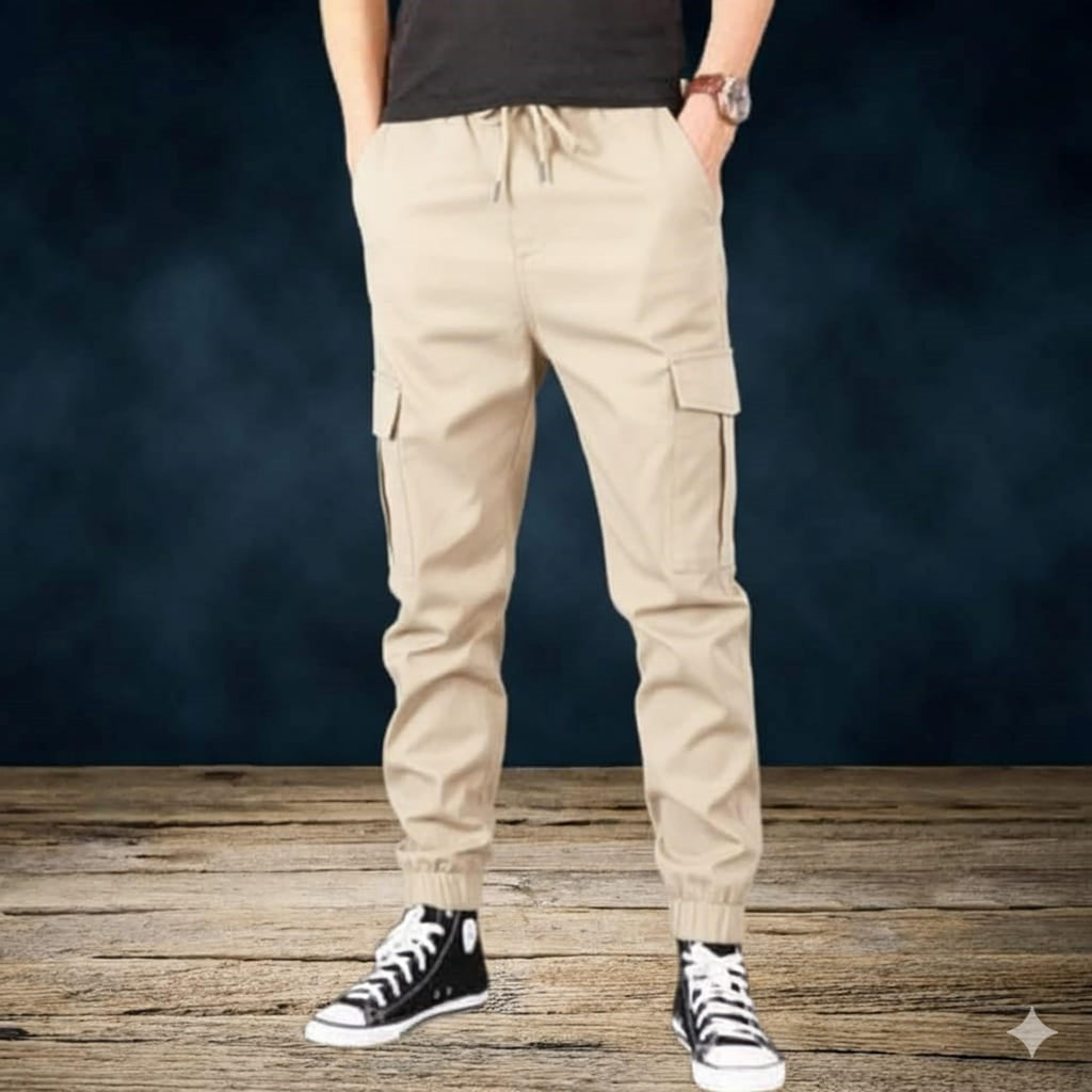 Miza Men's Cargo Pants, Lycra Bengalin, Multicolour, Elastic Waist, Side and Back Pockets