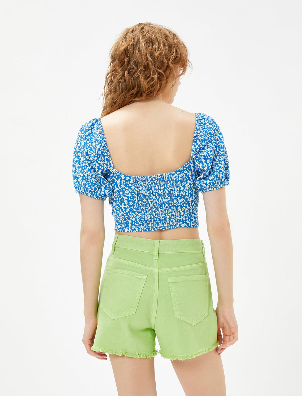 KOTON womens Tie Detail Puff Sleeve Square Neck Floral Crop Blouse