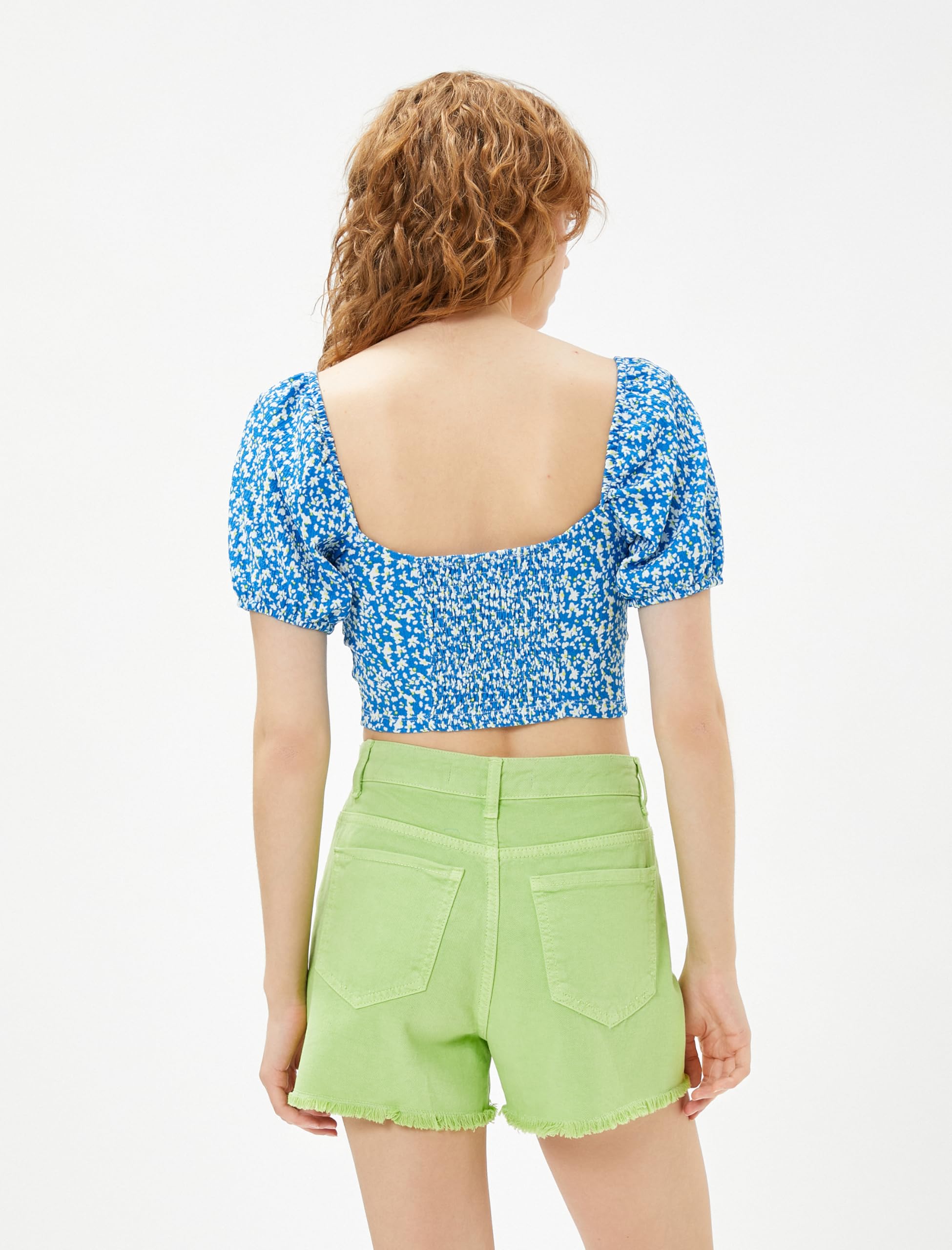 KOTON womens Tie Detail Puff Sleeve Square Neck Floral Crop Blouse