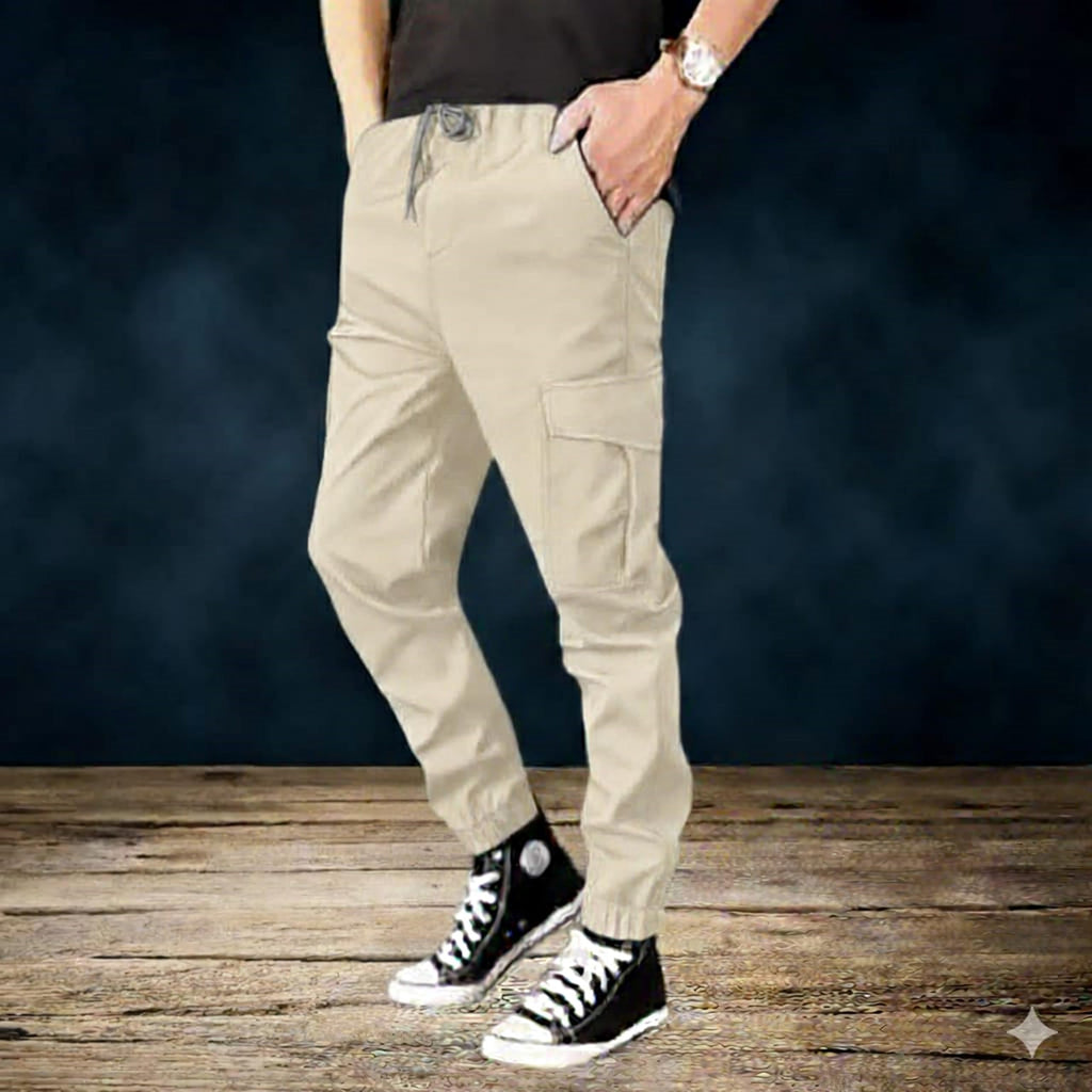 Miza Men's Cargo Pants, Lycra Bengalin, Multicolour, Elastic Waist, Side and Back Pockets