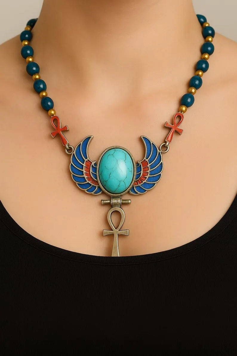 Handmade Scarab Necklace Egyptian Colored Metal Necklace For Women