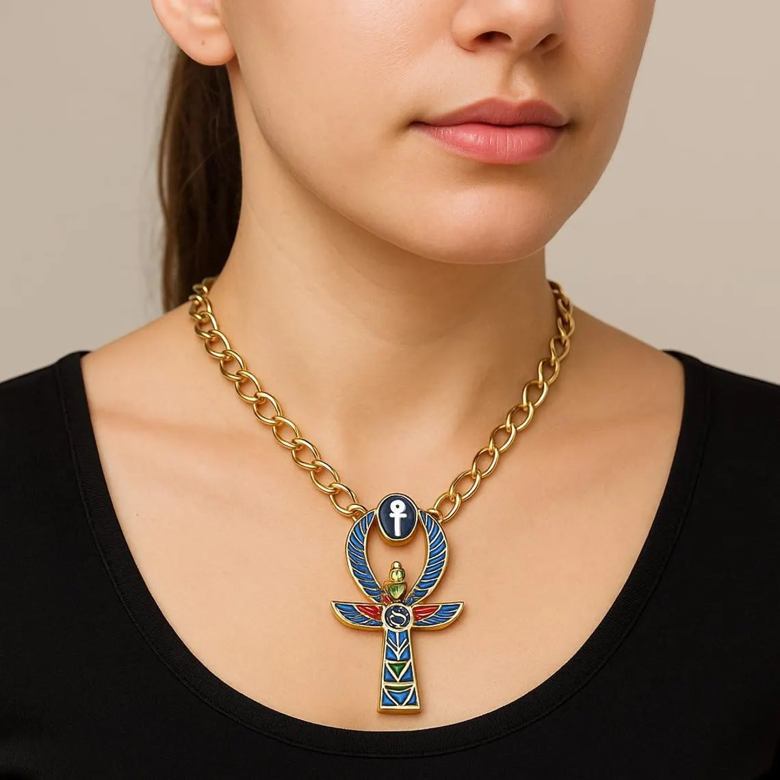 Handmad Egyptian Ankh Necklace Colored Metal Women Necklace