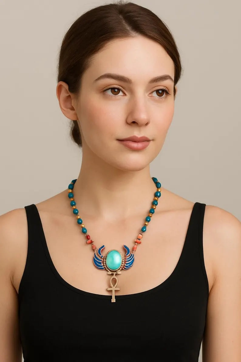 Handmade Scarab Necklace Egyptian Colored Metal Necklace For Women